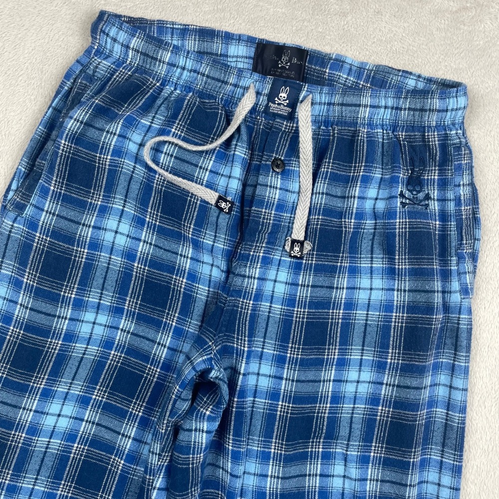Psycho Bunny Pajama Pants Mens Medium Blue Plaid Cotton Blend Drawstring Lounge